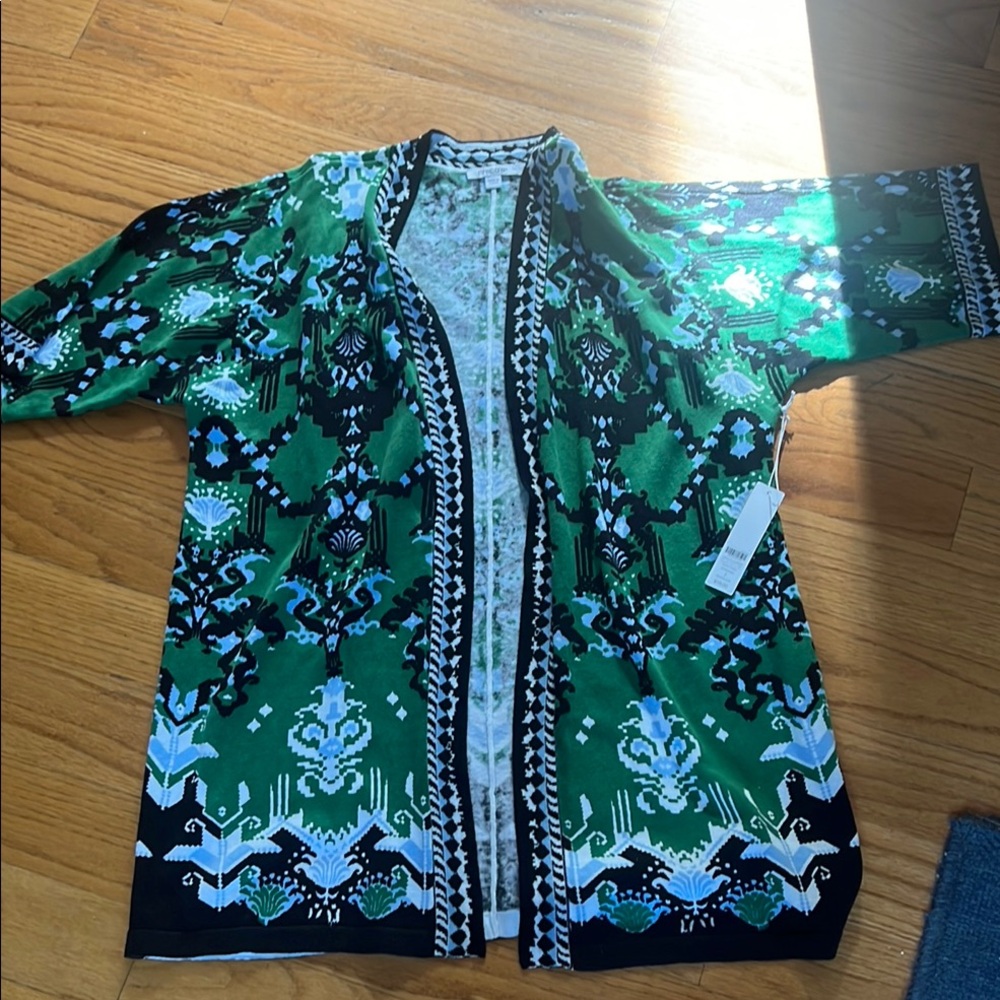 Chicos Jardin Green Patterned Open Cardigan sweater 1 NWT
